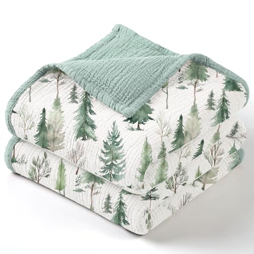 lulumoon Muslin Baby Blanket Neutral: Lightweight Cotton Blanket with Woodland - Ideal for Newborn to Toddler 47"x47" (Pine Forest)