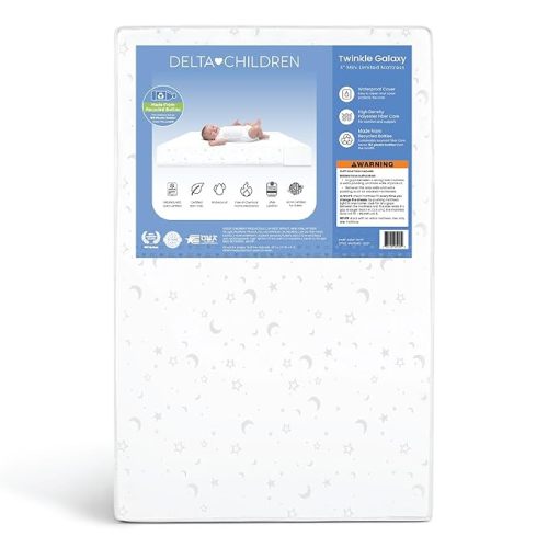 Delta Children Twinkle Galaxy Limited 4-inch Mini Crib Mattress - Premium Sustainably Sourced Fiber Core - Waterproof - GREENGUARD Gold Certified (Non-Toxic) - 5 Year Warranty - Made in USA