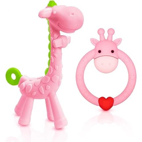 SHARE&CARE BPA Free Silicone Giraffe Baby Teether Toy with Storage Case, for 3 Months Above Infant Sore Gums Pain Relief and Baby Shower, Baby Teething Toys (Pink)