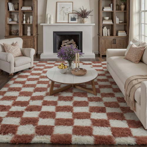 BERTHMEER 8'x10' Area Rugs for Living Room Bedroom Dinning Room Shag Modern Geometric Plush Pile Ultra-Soft Fluffy Checkered Large Rugs Carpets,Rose Red White