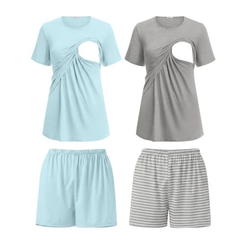 Ekouaer 2 Pack Nursing Pajamas Set Postpartum Outfits for Women | Double Layer Breastfeeding Pjs, Maternity Lounge Set with Shirts and Shorts, Soft Pregnancy Clothes