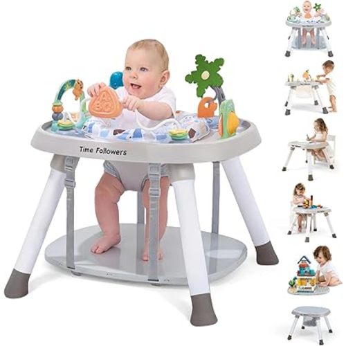 Time Followers® 6-in-1 Baby Activity Center | 4 Stage Montessori-Inspired Toys | Grow Stationary Standing Toddler Table | Jumpers & Bouncers | Must Have for Boy & Girl 6, 12, 24+ Month Old (Beige)
