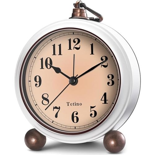 Tetino Analog Alarm Clock,Battery Powered Desk Clocks with Night Light,Silent Non Ticking,Retro Simply Design Alarm Clocks for Living Room, Bedroom, Bedside,Dormitory,Decor,Gift (White)