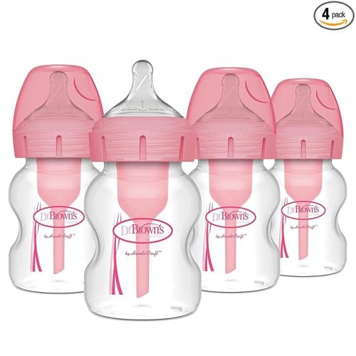 Dr. Brown's Natural Flow Anti-Colic Options+ Wide-Neck Baby Bottles 5 oz/150 mL,with Level 1 Slow Flow Nipple, Pink 4 Pack, 0m+