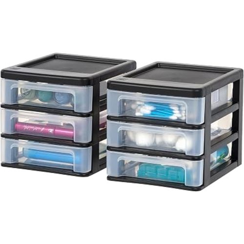 IRIS USA Plastic Stacking Desk Top 3-Drawer Storage Organizer, 2-Pack, for Makeup Vanity Nail Polish Bathroom Stationery Art Craft Supplies Kitchen Office Garage and Small Organization, Small, Black