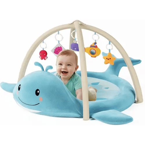 Baby Play Mat, Whale Tummy Time Mat with Toys, Baby Activity Gym for Infants 0–12 Months – 100% Cotton Sensory Floor Mat for Boys & Girls