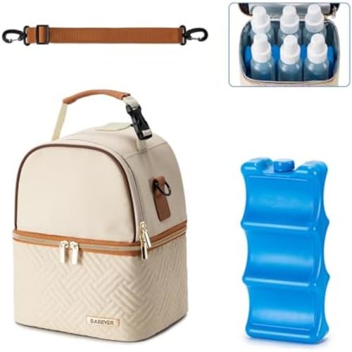 Breastmilk Cooler Bag with Ice Pack Fits 6 Baby Bottles up to 9 Ounce, Breast Milk Pump Cooler Bag with Shoulder Strap for Nursing Mom Daycare, Work, Travel- Cream