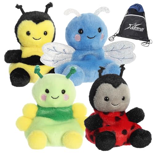 Aurora Palm Pals Plush - Bugs Bundle: Queeny Bee, Dart Dragonfly, Ivy Caterpillar, and Lil' Spots Ladybug with Exclusive Drawstring Bag