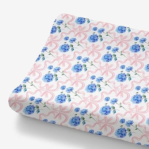 HawSkgFub Pink Bow Hydrangea Floral Changing Pad Cover for Baby Girls Shower Gift, Boho Blue Flowers Ribbon Diaper Change Table Sheet, Soft Breathable Safe Snug Fitted Changing Mat Fit 32"/34" x 16"