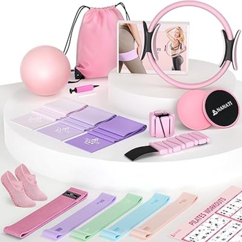 Pilates Kit, Home Pilates Workout Kit for Women, Pilates Equipment with 14.5" Pilates Ring and Ball, Resistance Bands, Ankle Weights, Sliders & Grip Socks Accessories for Starter Home Workouts