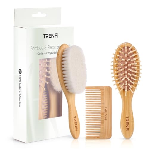 TRENFI Bamboo Baby Hair Brush & Comb Set (3-Piece) | Ultra-Soft Natural Goat Bristles for Newborns | Gentle Scalp Massage & Detangling Kit | Perfect Baby Registry & Shower Gift