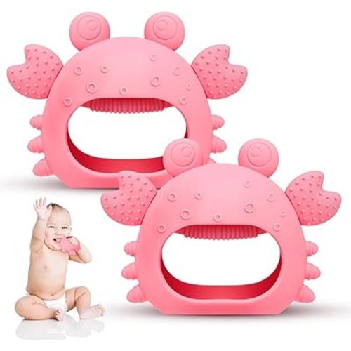 Anboor 2 Pack Baby Teething Toys, Silicone Teethers for Babies 0-6 Months Anti Dropping Hand Teether, Infant Baby Chew Toys for Teething Relief for Newborn Soon-to-be Mothers (Pink,Crab)