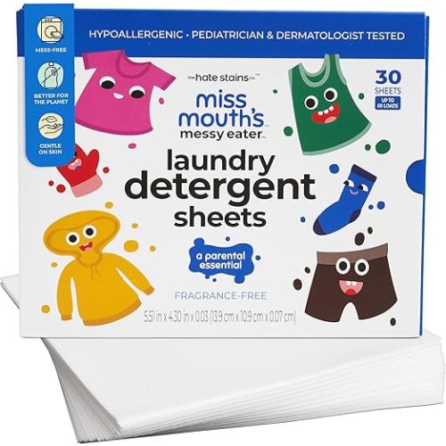 Miss Mouth's Messy Eater Laundry Detergent Sheets - 60 Loads Travel Friendly Detergent Sheets - Hypoallergenic, Sensitive Skin Safe, Pediatrician and Dermatologist Tested, Fragrance Free