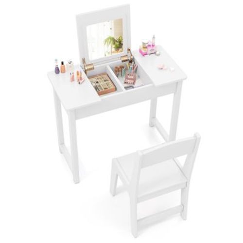 Costway Kids Vanity 2 in 1 Girls Vanity Set with Flip Top Mirror Hidden Storage Space Wooden Toddler Makeup Vanity Desk Dressing Table White