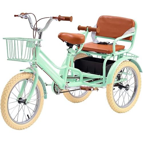 Kids Tricycle for Ages 4-9, 16 inch Height-Adjustable Toddler Tricycle with 2 Seats, 3 Storage Baskets, Dual Handbrake Boys and Girls Tricycle (Green)