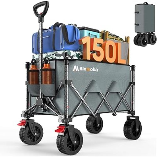 Collapsible Wagon Cart, 150L Heavy Duty Foldable Beach Wagon with Wider Wheels & Auto-Rebound Handle, Utility Grocery Shopping Cart for Garden, Shopping, Camping, Sports, Gray