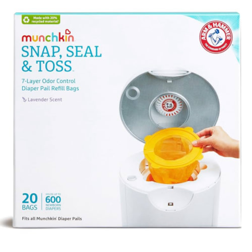 Munchkin® Arm & Hammer Diaper Pail Snap, Seal & Toss™ Refill Bags, Holds up to 600 Newborn Diapers, 20 Pack