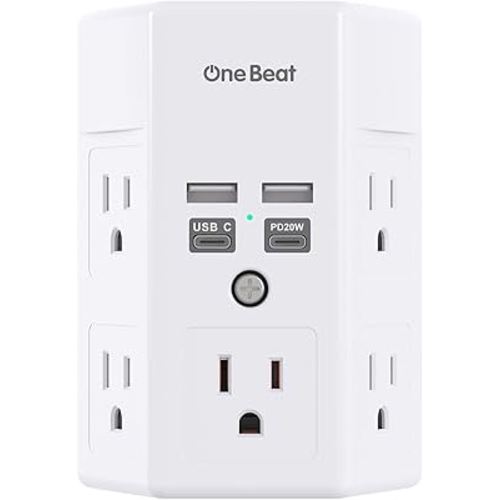 Surge Protector, 5 Outlets Extender with 4 USB Ports(USB C PD20W), 3-Side 1680J Power Strip Multi Plug Outlet Expander, USB Wall Charger, Outlet Splitter Adapter Wall Mount for Home Office(White)