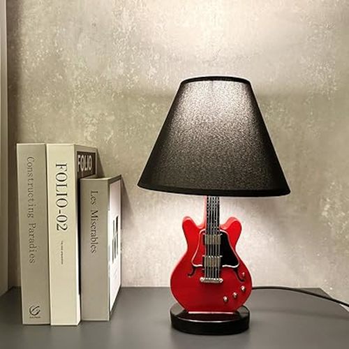 Guitar Desk lamp, Guitar-Shaped Bedside lamp. with a Black lampshade to Prevent Direct Light, Suitable for Bedroom, Study Room and Dining Room as Night Light Decoration and Lighting. （Red）