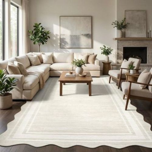 9x12 Washable Area Rug ¨C Modern Scalloped Low Pile Carpet for Living Room, Kids Room, Playroom (Cream, 1-Piece)