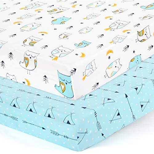 Stretchy Crib Sheets Set BROLEX 2 Pack Portable Crib Mattress Topper for Baby Boys Girls,Ultra Soft Jersey Knit,Arrow & Owl