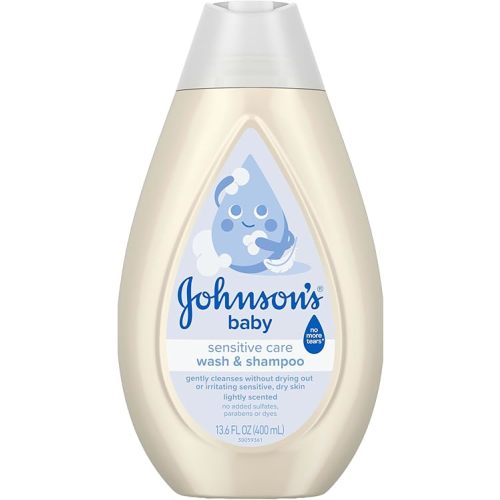 Johnson's Sensitive Care Baby Wash & Shampoo, Daily Moisturizing 2-in-1 Baby Wash & Shampoo to Gently Cleanse Without Drying Out Sensitive Skin, Light Scent, Hypoallergenic, 13.6 fl. oz