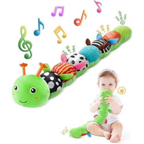 AWOTOY Baby Toys 6-12 Months Music Caterpillar,Stuffed Animals Infant Toys 0-3-6 Months,Baby Sensory Toys Tummy Time with Crinkle Rattle Teething Toys for Newborn Boys Girls Gifts Birthday|Grass Green