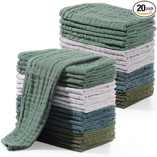 Muslin 20 Pcs Burp Cloths Large 20" x 10" 100% Cotton 6 Layers Ultra Absorbent and Soft Hand Washcloths for Baby Drool and Messes Gentle Burp Cloth for Boys & Girls(Dark Colors)