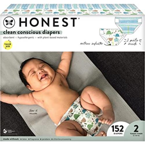 The Honest Company Clean Conscious Diapers | Plant-Based, Sustainable | Turtle Time + Dots & Dashes | Super Club Box, Size 2 (12-18 lbs), 152 Count