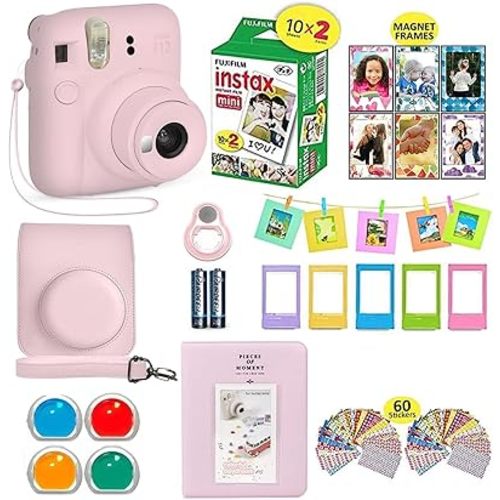 Fujifilm Instax Mini 12 Instant Camera Blossom Pink + Shutter Compatible Carrying Case + Fuji Film Value Pack (20 Sheets) + Shutter Accessories Bundle, Color Filters, Photo Album, Assorted Frames.