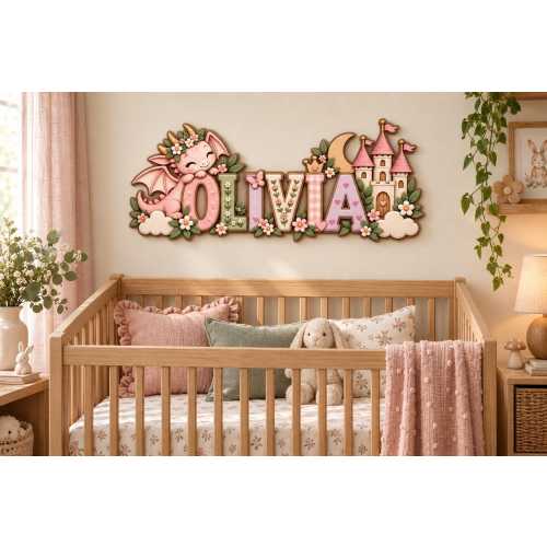 Personalized Dragon Name Sign for Girls, Floral Castle Nursery Wood Wall Decor