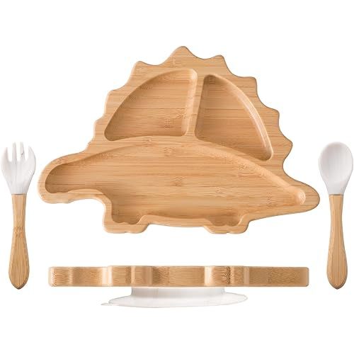 HBM Bamboo Baby Plate Set with Suction - Dinosaur Divided Toddler Dishes with Matching Fork & Spoon | Natural Wood Stay-Put Feeding Set for Infants & Kids (Marble Texture Not Stains)