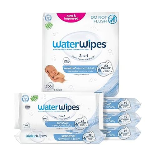 WaterWipes Sensitive+ Newborn & Baby Wipes, 3-In-1 Cleans, Cares, Protects, 99.9% Water, Unscented & Hypoallergenic, 540 Count (9 Packs)