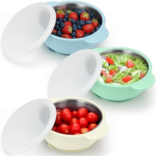 BUSOHA 3 Pack Stainless Steel Baby Bowls with Lid – 2-in-1 Toddler Feeding Bowl Heat-Resistant Spill-Proof Plate Suction Bowls for Kids Baby Toddler Food Feeding