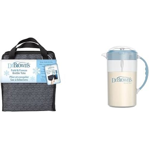 Dr. Brown's Fold & Freeze Bottle Tote, Breastfeeding Essential Cooler Bag & Baby Formula Mixing Pitcher with Adjustable Stopper, Locking Lid, & No Drip Spout, 32oz, BPA Free, Blue