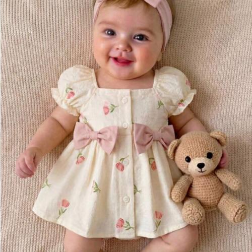 1-Piece Newborn Summer Cute Vacation Floral Pattern Bubble Short-Sleeve Square Neck Dress 1 Month Baby Girl Yellow Dress Yellow Outfits For New Born Baby Daisy Dress Baby Yellow New Born Clothes Girl
