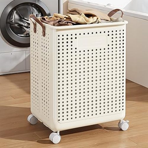 Mesh Laundry Basket, Large Capacity Laundry Basket with Handle & Wheels, Waterproof Dirty Clothes Rolling Hamper Laundry Baskets with Breathable Mesh Holes, for Bedroom, Laundry Room, Dorm
