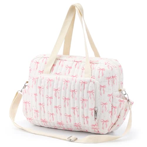 Tallew Small Diaper Bag Tote, Pink Bow Quilted Crossbody Diaper Bag Mom Tote with 6 Pockets and 2 Bottle Pockets Lightweight Nylon Travel Purse for Mom and Dad