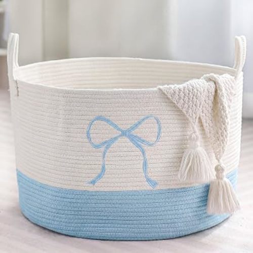 Honeydak Large Blue Laundry Basket Bow Hamper for Blanket Bow Laundry Basket 13 x 20 Inches Cotton Rope Hamper Blue Coquette Storage Toys Clothes Teens Girls Room Nursery Organization