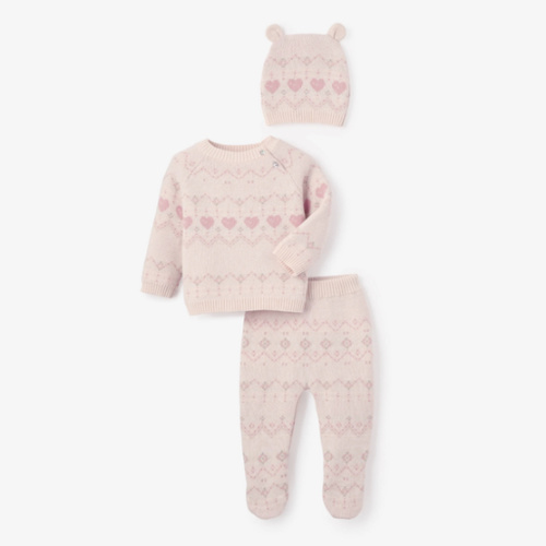 Love Fairisle Sweater, Footed Pant + Hat Set 3pc PINK / 0-3M