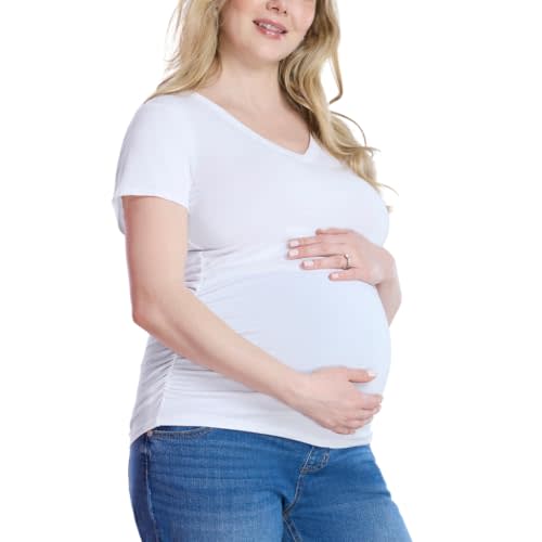 Motherhood Maternity Women's Short Sleeve Side Ruched V-Neck Pregnancy T-Shirt