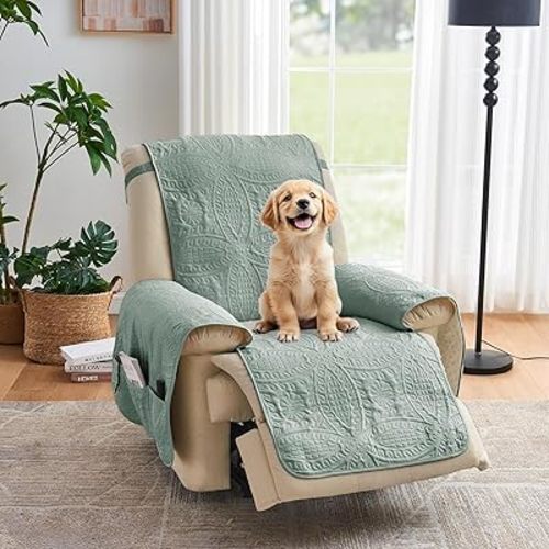 Quilted Recliner Covers, Water-Repellent Recliner Slipcovers, Recliner Covers Stay in Place, Pet Friendly Recliner Cover for Dogs, Washable Chair Protector (Recliner 22", Sage Blue)