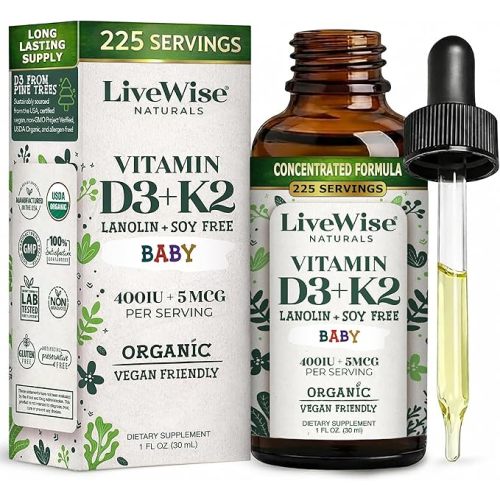 Vitamin D3+K2 Liquid Drops - Organic MCT Oil Formula for Baby - Easy Absorption D3 K2 Supplement for Immune Support & Bone Health 1- Fl Oz