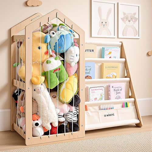 Toy Storage Organizer and Kids Bookshelf, Baby Bookcase with 4-Tier Fabric Sling & Stuffed Animal Storage, Solid Wooden Montessori Book Shelf for Kids Room, Classroom, Playroom & Nursery