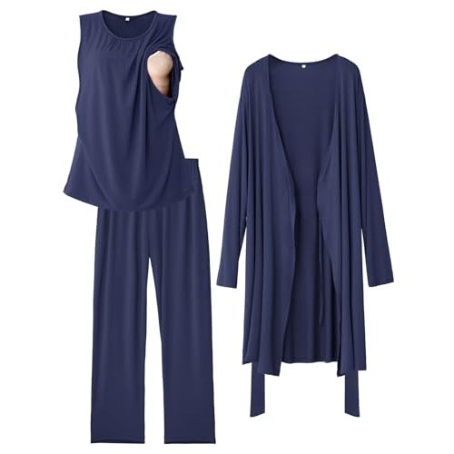 Rnxrbb 3 PCS Nursing Pajamas Robe Set Maternity Postpartum Pjs for Hospital | Women Breastfeeding Sleepwear Set with Top,Pants & Robe,Easy Nursing, Adjustable Waist,Perfect for Pregnancy to Postpartum