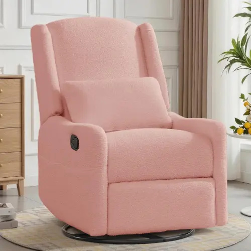 Korser Glider Recliner Rocking Chair, 360° Swivel Boucle Nursery Chair, Comfy Upholstered Recliner for Nursery, Living Room & Bedroom,Pink