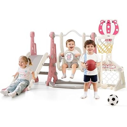 BIERUM Toddler Swing and Slide Set - 6 in 1 Baby Slide for Toddlers Age 1-2, with Basketball Hoop, Soccer and Golf Game, Indoor Outdoor Toddler Playset Pink