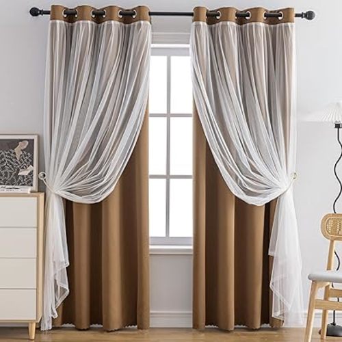 Anytime Home Curtains Blackout and Sheer Layered Solid Window Curtain Panel Pair with Grommet Top, 52Wx84L,Coffee
