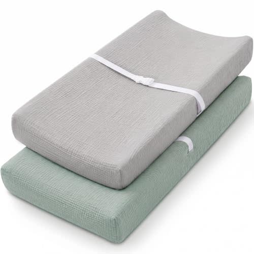 Pro Goleem Muslin Changing Pad Cover for Boys and Girls, Soft Breathable Fitted Cotton Diaper Changing Table Pad Sheets, Neutral, 2 Pack (Grey＆Green)