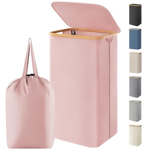 Lifewit 100L Laundry Basket with Lid, Clothes Hampers for Laundry with Bamboo Handles and 1 Removable Bag, Large Foldable Laundry Hamper for Bedroom, Bathroom, Dorm, Laundry Room, Pink